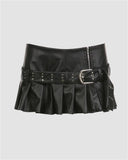 Poshoot-PU Rivet Waist Buckle Decorative A-Line Skirt