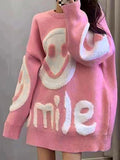 Poshoot Solid Color Y2k Smile Print Thicken Loose Sweater