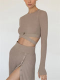 Poshoot outfit New White Knit Two Piece Women Sets Fall Ribbed Crop Top And Pleated Knitted Skirt Suits For Women Midi Dress Sets 2022