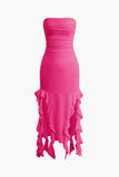 Poshoot Solid Color French Ruffle Hem Ruched Tube Maxi Dress