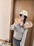 Poshoot American Retro Fur Collar Hooded Zipper Sweatshirt Fashionable Street Sweatshirt Hoodie Harajuku Style Simple Hooded Sweatshirt