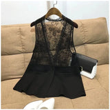 Poshoot Slim Vests Women Sleeveless V-neck Lace Design Elegant Office Lady Sexy Black Shirts Chic Patchwork Temperament Fashion Outwear