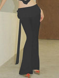 Poshoot Solid Ruffled Trim Tie Up Flare Leg Pants