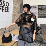 Poshoot Japanese O-neck Oversize Tee Shirt Summer Sexy See Through Mesh Lace T-shirt Y2k E-Girl Short Sleeve Bottoming Tops Women