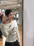 Poshoot Bow Off Shoulder White Knitted Sweater for Women  Early Autumn New Bottoming Tops Mujer Y2k Long Sleeved Pullovers T Shirts