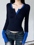 Poshoot Blue Color Block Stitching Long Sleeve Tee