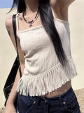 Poshoot Korean Sexy Backless Lace Up Camisole Tops Y2k E-Girl Slim Fit Tassel Tank Top  Summer New Straight Black Vest for Women