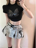 Poshoot American Printed Pleated Skirts  Autumn New Low Waisted A-line Skirt for Women Y2k Grunge Faldas Mujer Newspaper