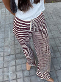 Poshoot nye outfits party outfits Patchwork Stripe Drawstring Waist Sweatpants Brown Vintage Casual Loose Straight Leg Pants Women Vacation Outfits