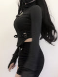 Poshoot  Summer New Slim Fit Zipper Long Sleeve Black Tops Women+ Drawstring Ruched High Waist Shorts Y2k E-Girl Two Piece Sets