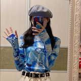 Poshoot Cyberpunk Ice Silk Sun Protection Mesh T-shirt for Women  Summer New Blue Tie Dye Tee Shirt Y2k E-Girl Long Sleeve Tops