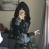 Poshoot Aesthetic Hoodies Gothic Top Women Clothing Zip Up Rhinestone Slim Oversized Hooded Punk Sexy Korea Sweatshirt Kawaii Girl Coat