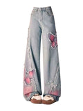 Poshoot American Tie-dye Butterfly Embroidery Raw-edge Jeans for Women Fashion Street Hot Girl Wide Leg Pants Y2k Loose Mopping Pants