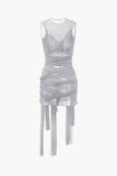 Poshoot Solid Color Sheer Mesh Wrap Tie Ribbon Mini Dress