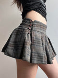 Poshoot nye outfits party outfits Academia Style Plaid Ruched Women’s A-Line Skirts Fashion All-Match Button Bow Design Mini Skirts Korean