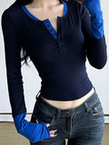 Poshoot Blue Color Block Stitching Long Sleeve Tee