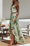 Poshoot Fashion Round Neck Floral Print Green Dress