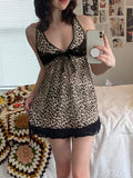 Poshoot nye outfits party outfits Leopard Lace Trim V-Neck Women Short Dresses Slim Sexy Gyaru High Fashion Bow Lace Up Camisole Dresses