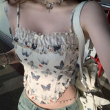 Poshoot-Retro Sexy Butterfly Print Crop Top Lace Folded Edge Spliced Camisole Street Style Backless Suspender Summer Vacation Y2K Top