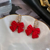 Poshoot Christmas Red Bow Drop Earring For Women Temperament Heart Flocking Bowknot Christmas Earring Girls New Year Festival Jewelry