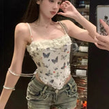 Poshoot-Retro Sexy Butterfly Print Crop Top Lace Folded Edge Spliced Camisole Street Style Backless Suspender Summer Vacation Y2K Top