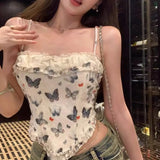 Poshoot-Retro Sexy Butterfly Print Crop Top Lace Folded Edge Spliced Camisole Street Style Backless Suspender Summer Vacation Y2K Top