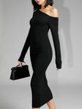 Poshoot Asymmetric Off Shoulder Long Sleeve Midi Dress