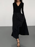 Poshoot V-Neck Double Pockets Long Sleeve Long Dress