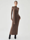 Poshoot Bodycon High Neck Ribbed Knit Long Dress with Matching Scarf