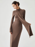 Poshoot Bodycon High Neck Ribbed Knit Long Dress with Matching Scarf