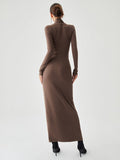 Poshoot Bodycon High Neck Ribbed Knit Long Dress with Matching Scarf