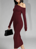 Poshoot Asymmetric Off Shoulder Long Sleeve Midi Dress