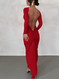 Poshoot Ruched Open Back Long Sleeve Maxi Dress