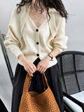 Poshoot Patchwork V-neck Button Sweater