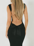 Poshoot Solid Backless With Bow Long Dress