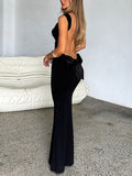 Poshoot Solid Backless With Bow Long Dress