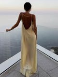 Poshoot Backless Vacation Satin Long Dress