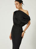 Poshoot Satin One Shoulder Off Split Long Dress