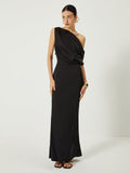 Poshoot Satin One Shoulder Off Split Long Dress