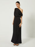 Poshoot Satin One Shoulder Off Split Long Dress