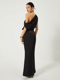 Poshoot Satin One Shoulder Off Split Long Dress