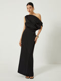 Poshoot Satin One Shoulder Off Split Long Dress