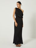 Poshoot Satin One Shoulder Off Split Long Dress