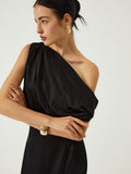 Poshoot Satin One Shoulder Off Split Long Dress