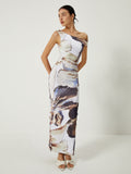 Poshoot Asymmetrical Printed Off-Shoulder Slim Long Dress