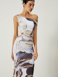 Poshoot Asymmetrical Printed Off-Shoulder Slim Long Dress