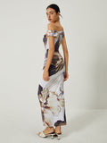 Poshoot Asymmetrical Printed Off-Shoulder Slim Long Dress