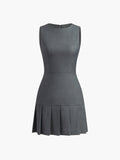 Poshoot Crew Neck Pleated Zipper Plain Dress