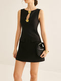 Poshoot Golden Flower Brooch Cutout Tank Dress