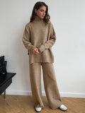 Poshoot Plain Turtleneck Knit Pants Set